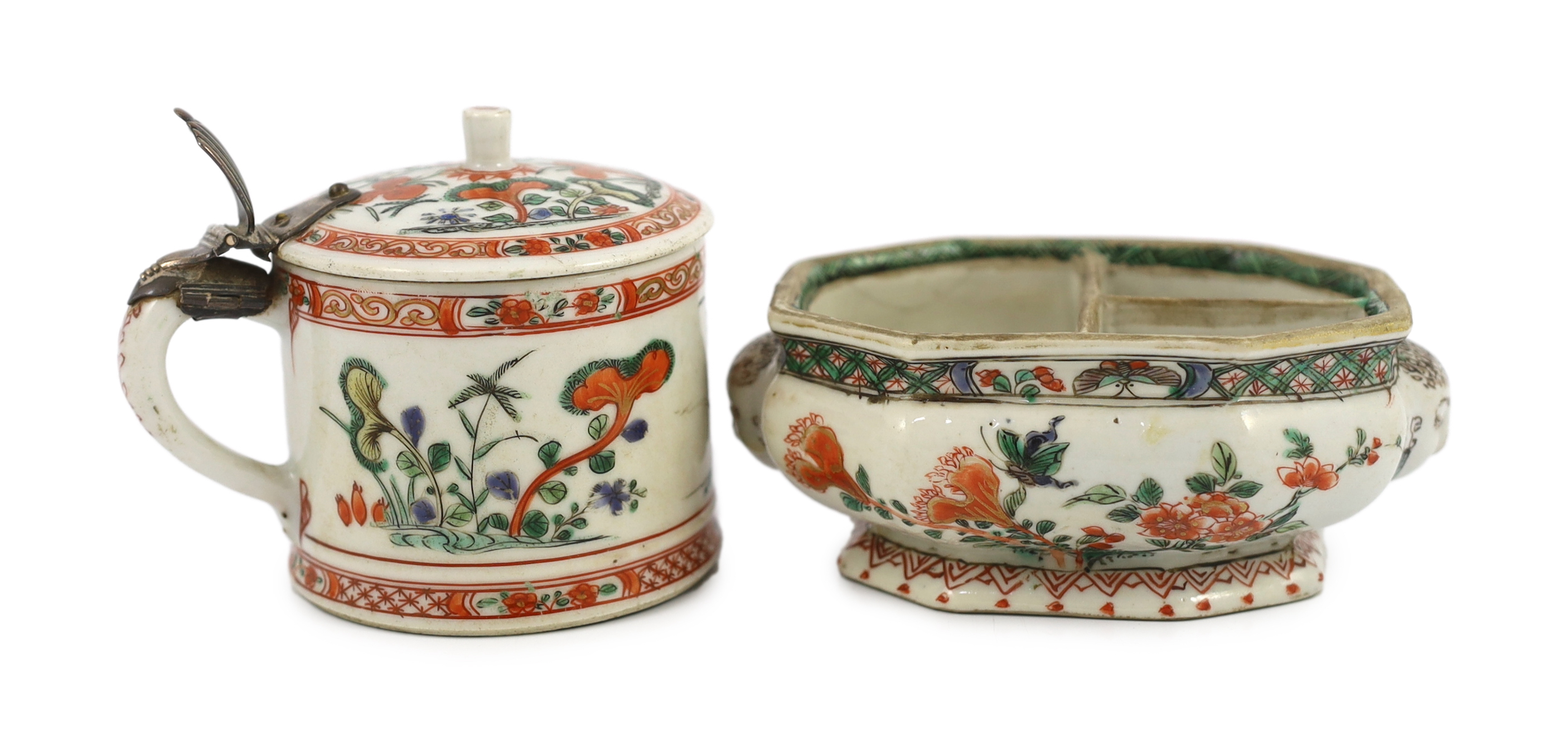 A Chinese famille verte compartmented spice box and a hinged mustard pot and cover, both Kangxi period, some damage (2)